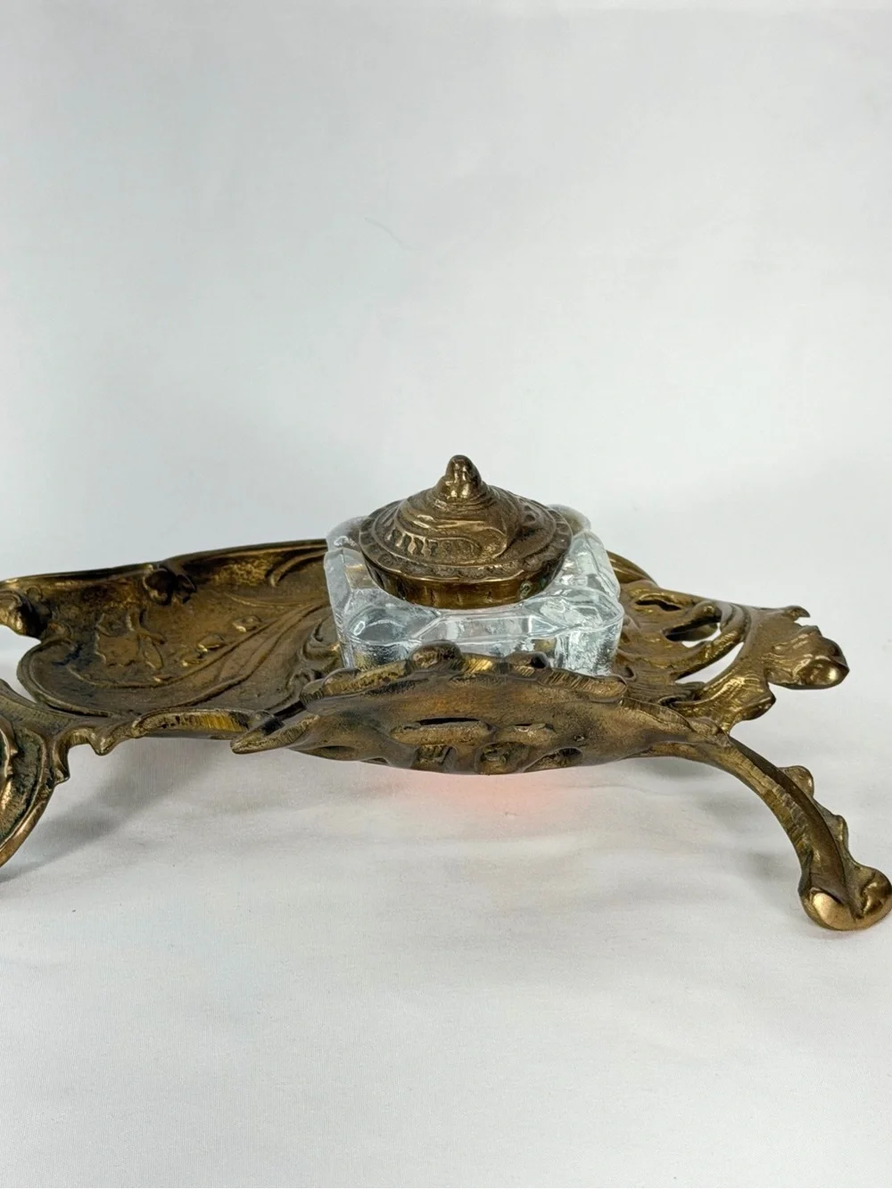 Source Unknown Ornate Brass-Finish Inkwell with Clear Glass Pot